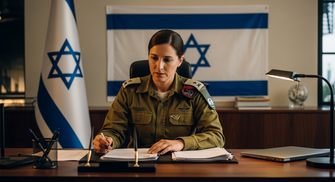 קצין צה״ל יושב מול שולחן חקירה במשרד צבאי